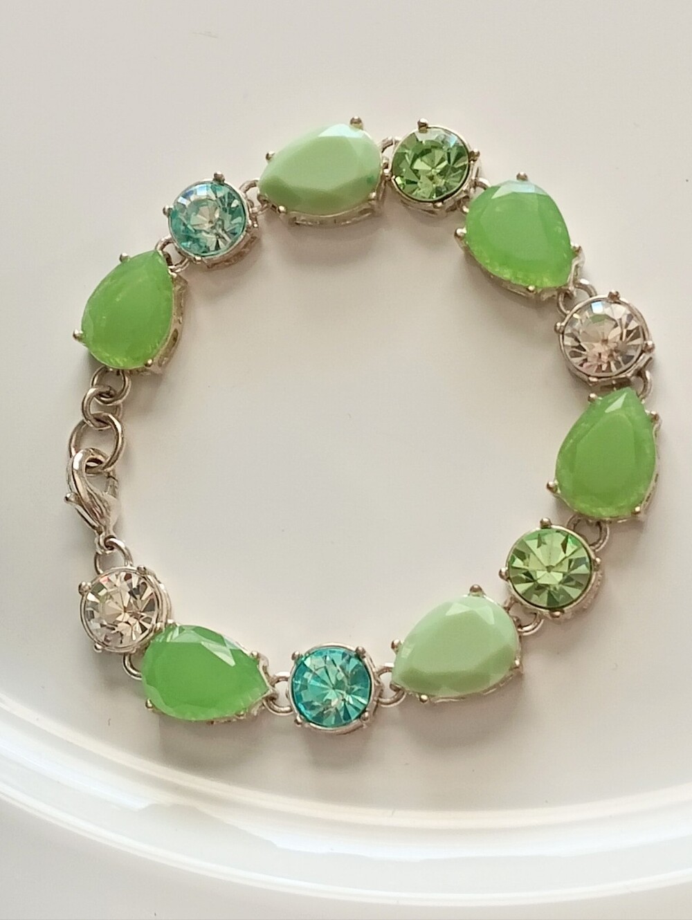 Like New Green & Faux Blue Topaz & Peridot Gemstone Silver Bracelet (6.5-7.5")